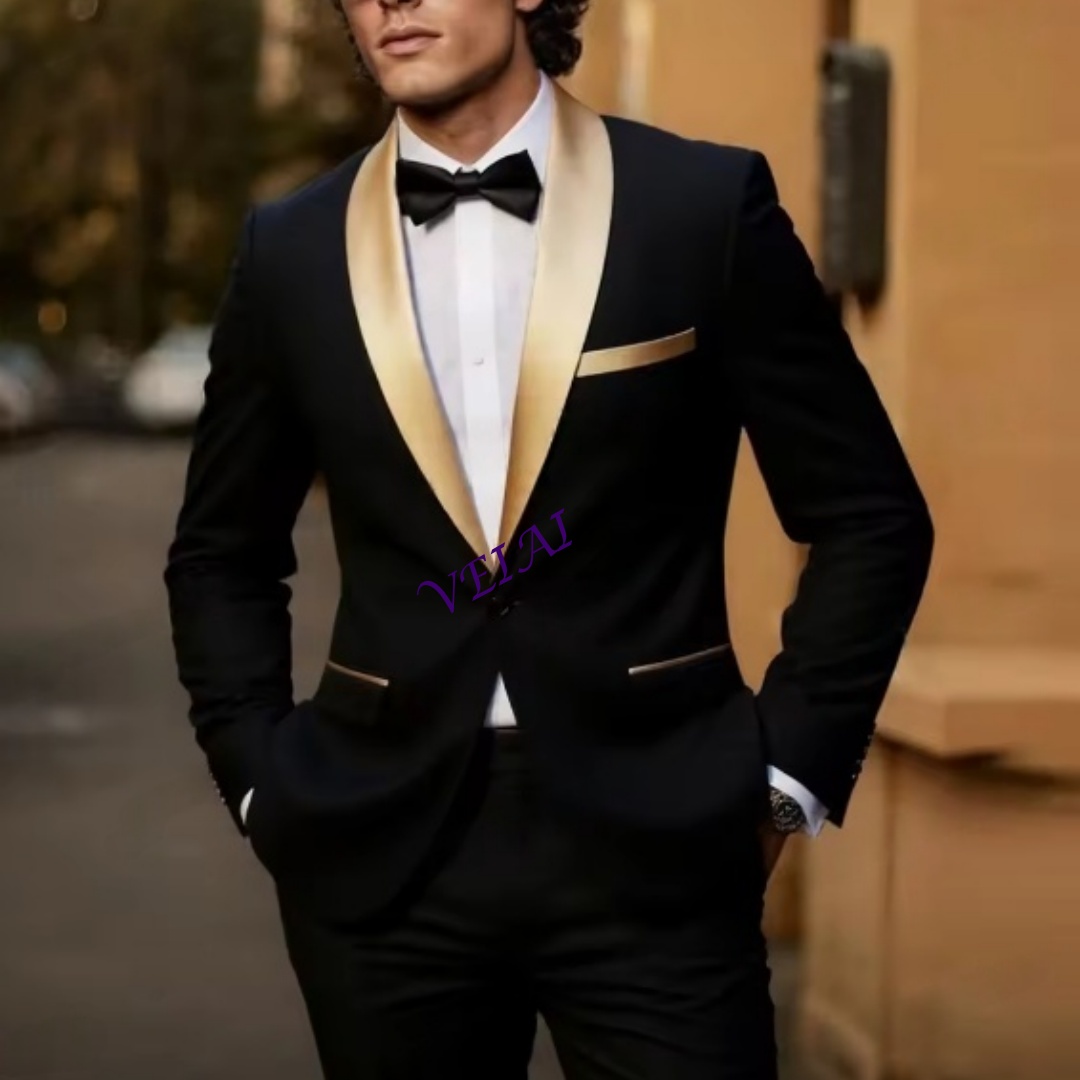 Men'S Grooming Daily - Maßgeschneiderter Neuer Gold-Revers Schwarzer Business-Anzug für